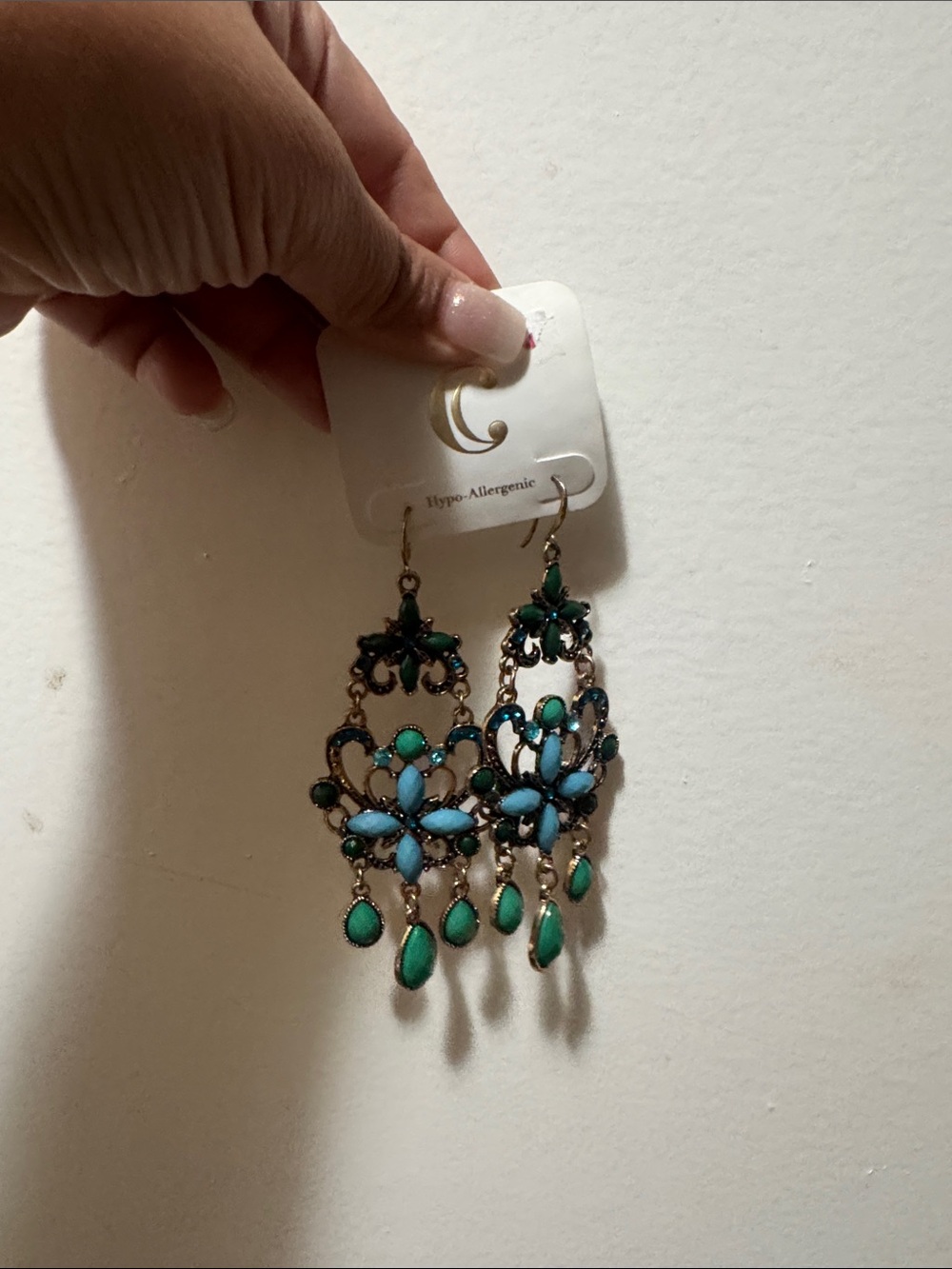 Green and Teal Crystal Chandelier Earrings - Unbranded